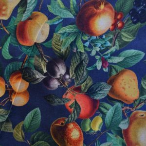 tela estampados frutales 100 algodon frutas azul lucio