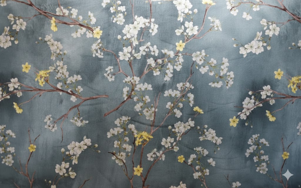 tela flor almendro turquesa 100 algodon lucio